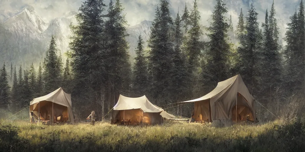 Image similar to cabela's tent fabric shelled pop up family dwelling unit, cabin, modular, person in foreground, mountainous forested wilderness open fields, beautiful views, painterly concept art, joanna gaines, environmental concept art, farmhouse, magnolia, concept art illustration by ross tran, james gurney, by craig mullins, by greg rutkowski