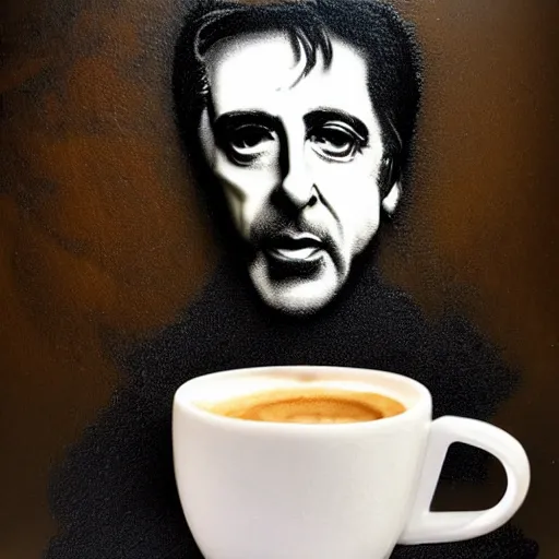 Prompt: al pacino portrait made of milk foam and coffee in a cup of cappuccino, high detail