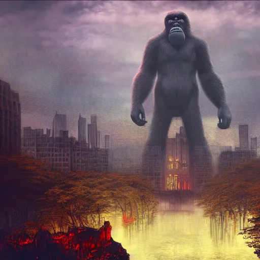 Image similar to King Kong in cinematic scene, fantasy art, in the style of John Atkinson Grimshaw, illustration, epic, fantasy, intricate, hyper detailed, artstation, concept art, smooth, sharp focus, ray tracing