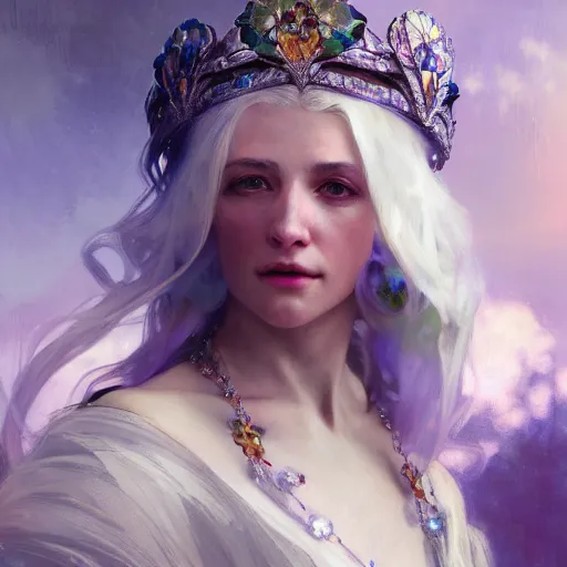 Prompt: a beautiful white haired young woman, adorned with precious stones, tiara and necklace by jeremy mann and alphonse mucha, photo realistic, dynamic lighting, windy, artstation, poster, dreamy, volumetric lighting, ethereal, 4 k, high detail