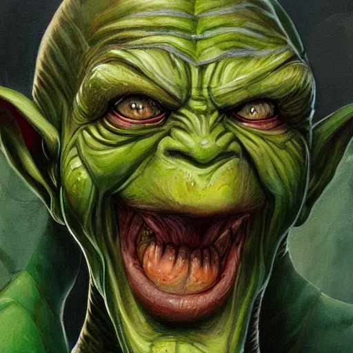 Prompt: green skinned fantasy goblin, jailed, behind bars, detailed painting