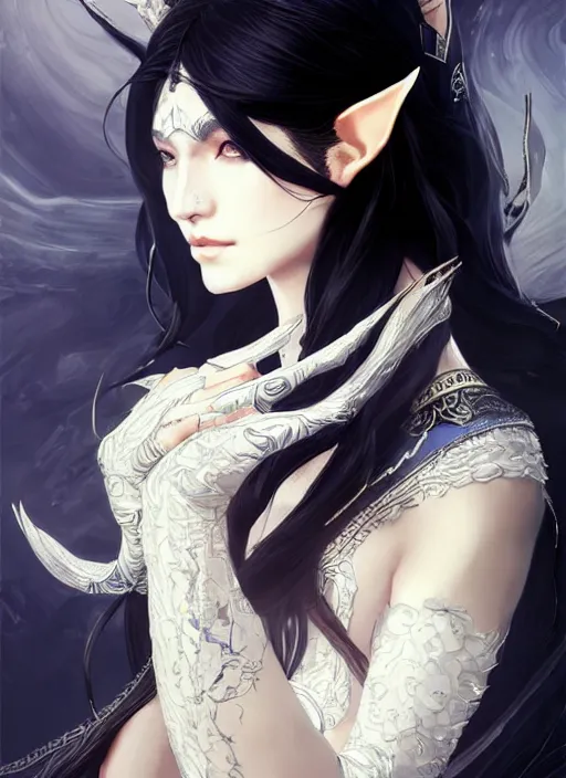 Image similar to Half body portrait of a beautiful elven healer with long straight black hair wearing ornate white and gold attire. In style of Yoji Shinkawa and Hyung-tae Kim, trending on ArtStation, dark fantasy, great composition, concept art, highly detailed, dynamic pose.