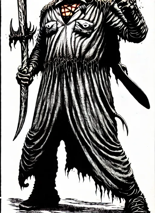 Image similar to jason voorhees as a D&D monster, full body, pen-and-ink illustration, etching, by Russ Nicholson, DAvid A Trampier, larry elmore, 1981, HQ scan, intricate details, Monster Manula, Fiend Folio