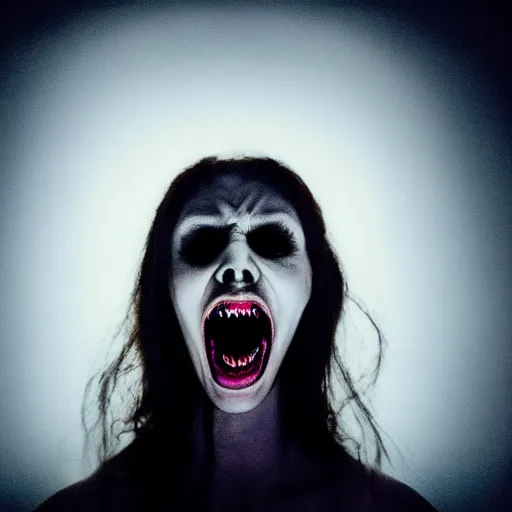 Prompt: in the style of Gottfried Helnwein female ghost witch facing forward, horrific scream on face, sharp teeth, long metallic nails, white dress, night, dark room, neon light in window