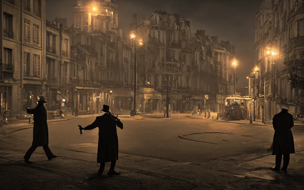 Image similar to One man in a trenchcoat shooting at a lovecraftian monster with a pistol in a 1920's parisian street at night. A cars is driving towards the monster with their lights on. A train station is visible in the background. 4k, pulp, HDR, vivid colors, low angle shot, (fish eye).