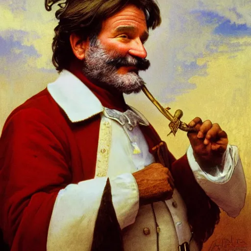 Prompt: a detailed portrait of robin williams as santa ana at the alamo, long twirling moustache, by alphonse mucha and albert bierstadt and thomas moran and charles russel, god rays, intricate detail, cinematic, 8 k, featured on artstation, pixiv