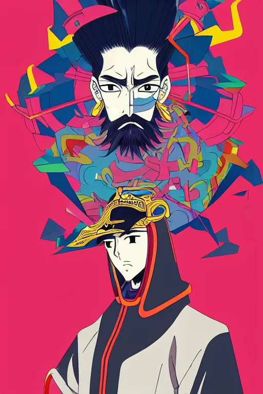 Image similar to abstract portrait of cao cao, 6 0 s anime art, floating detailes, very detailed face, leaves by miyazaki, colorful palette illustration, kenneth blom, mental alchemy, james jean, pablo amaringo, naudline pierre, contemporary art, hyper detailed