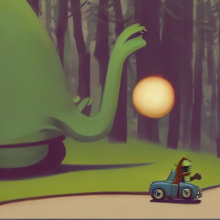 Image similar to fat alien on wheels rolling through the forest, highly detailed, Edward Hopper and James Gilleard