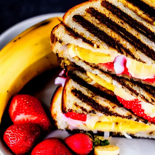 Image similar to a 5 0 mm macro shot of a grilled cheese sandwich with bananas and strawberries