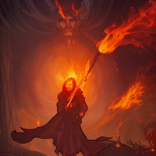 Image similar to a pyromancer is playing with fire , medium level shot , epic scene, Mucha style , Grim fantasy, illustration ,concept art,