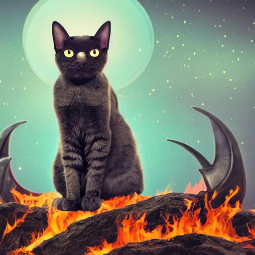 Image similar to evil cat with horns on its head sitting on a burning throne, the lord of hell, vast expanse of hell background, cat satan, highly detailed photo