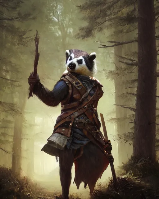 Image similar to oil painting of Anthropomorphized Badger, holding spear, wearing hunter coat, proud look, full body, sharp focus, fantasy style, octane render, volumetric lighting, 8k high definition, by greg rutkowski, highly detailed, trending on art Station, magic the gathering artwork, woodland backround