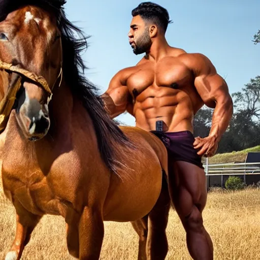 Image similar to hispanic, brown skin, powerful bulging muscles, horse hair, full body photo, golden hour