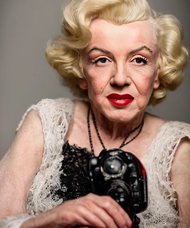 Image similar to dslr photo portrait still of 1 0 year old age 1 0 0 marilyn monroe at age 3 5!!!, 8 5 mm f 1. 8