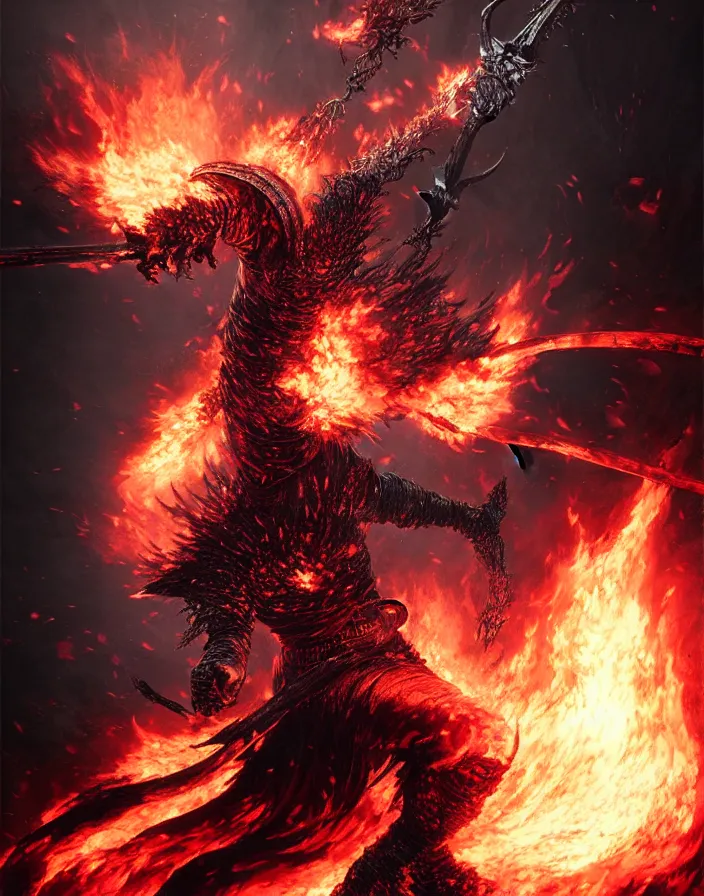 Image similar to illustration of the soul of cinder from Dark Souls 3 wielding a burning greatsword, dark souls 3 artwork by Masanori Warugai, art by greg rutkowski, art by craig mullins, art by Yoshitaka Amano