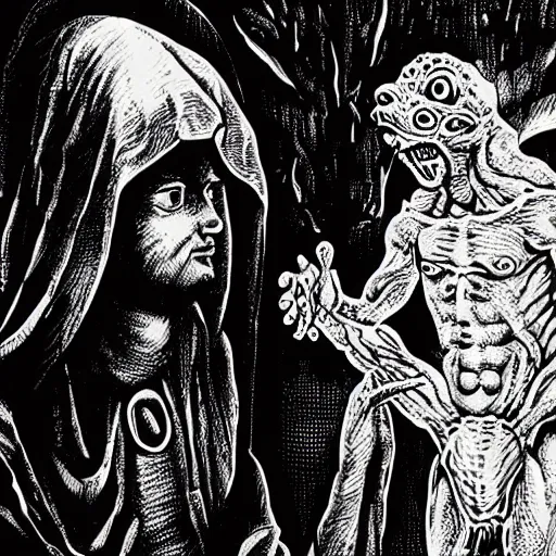 Image similar to A lizard person shaking hands with a religious icon, horror, black metal