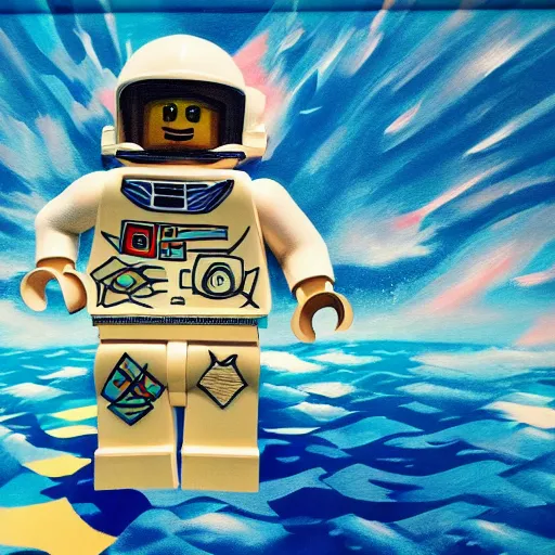 Prompt: lego blocks painting of astronaut in the ocean by fujita, goro, skies, realistic, colorful, positive vibes, cinematic, 3 d, hd