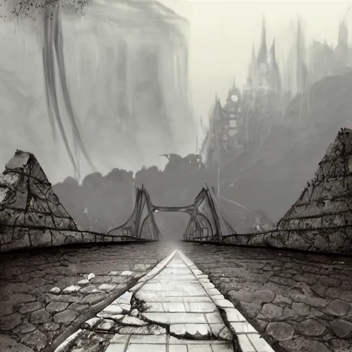 Prompt: Fallen bridge, ruined city, sf, gloomy sky, game concept art ‐n 6