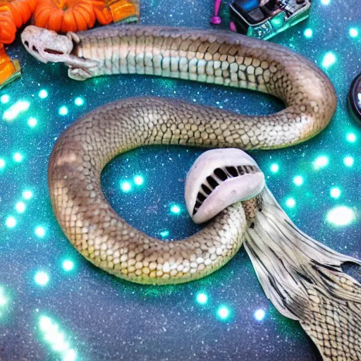 Prompt: stop motion bipedal halloween eel snake skeleton fantasy mermaid with a fish bone body, on a spray painted cardboard dock with a hand painted night sky full of led glittery stars, adorable, side profile, macro camera lens