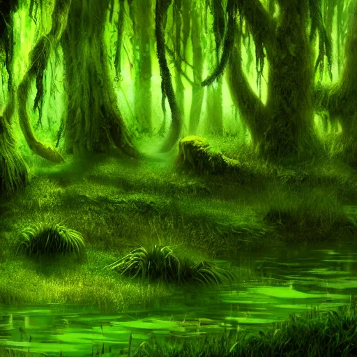 Image similar to [ [ mossy swamp ] ] : : [ disney animation ] : : fantasy, epic : : realistic lighting, shading, shadows : : glowing green : : [ [ biopunk art ] ] : : 8 k