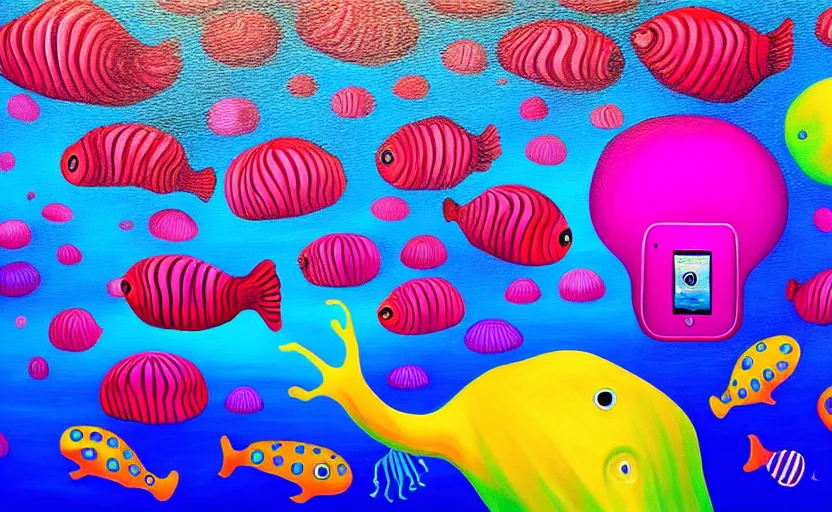 Prompt: a surreal colourful painting of an iphone underwater surrounded by jellyfishes