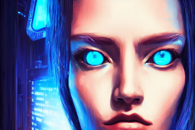 Prompt: an extremely high quality hd, a digital painting of a woman with blue eyes, cyberpunk art by dan mumford, behance contest winner, pixel art, pixelart, poster art, lovecraftian, 8 k, ultra realistic, very realistic