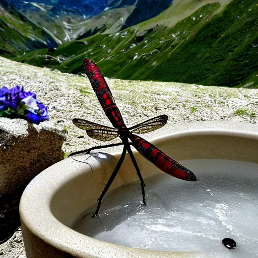 Prompt: dragonfly in a bathtub in the alps, big ibex!! in the background