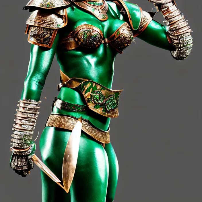 Image similar to photograph of a real-life beautiful! female warrior with emerald encrusted armour. Extremely detailed. 8k