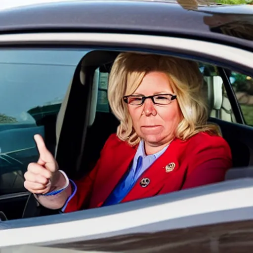 Image similar to angry liz cheney working at a mcdonald's drive - thru