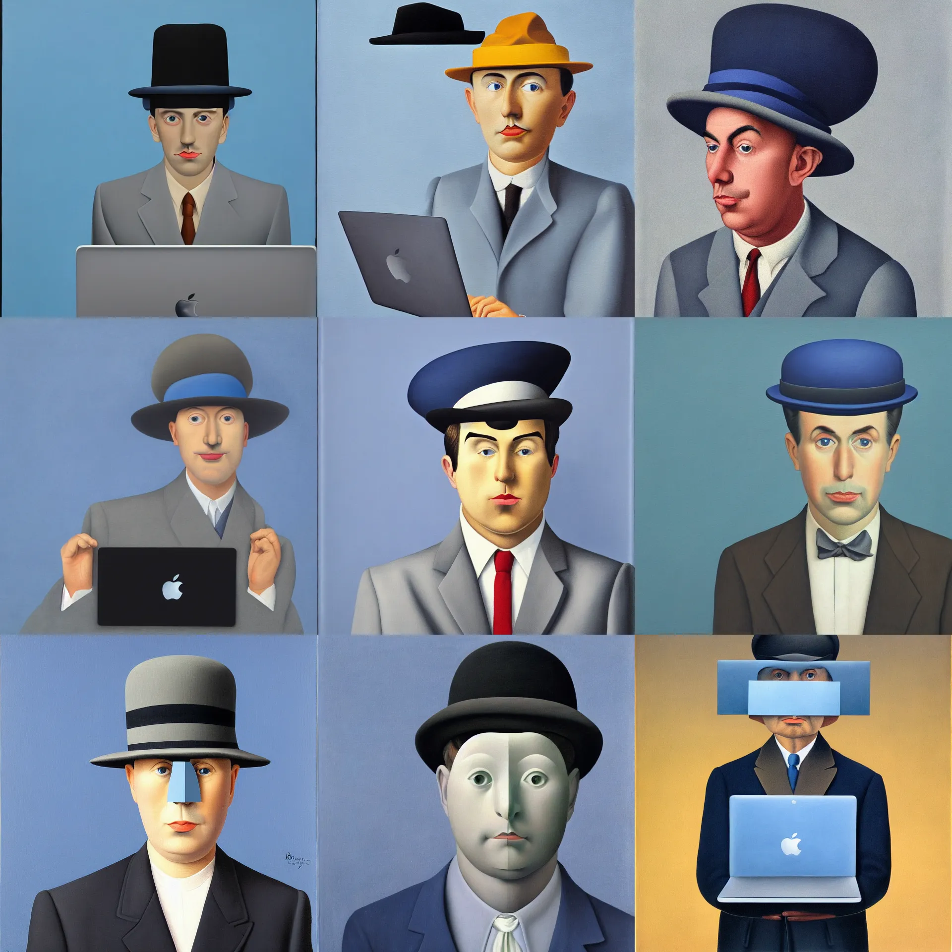 Prompt: front view portrait of a man with a macbook laptop face, wearing a hat, blue / grey background, painted by rene magritte