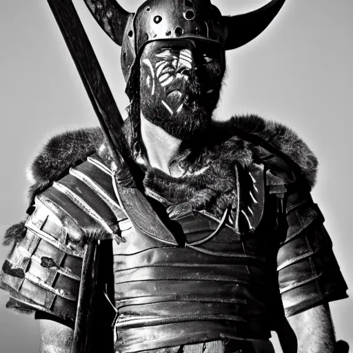 Prompt: viking in black body armour with black and white face painting, extremely detailed image from a film