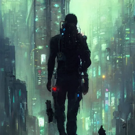 Image similar to wanderer in a cyberpunk megacity, dramatic lighting, detailed background, gorgeous view, realistic, high detail, depth of field, lightrays, atmospheric, digital art, painted by greg rutkowski, painted by jeremy mann, painted by alphonse mucha, trending on artstation