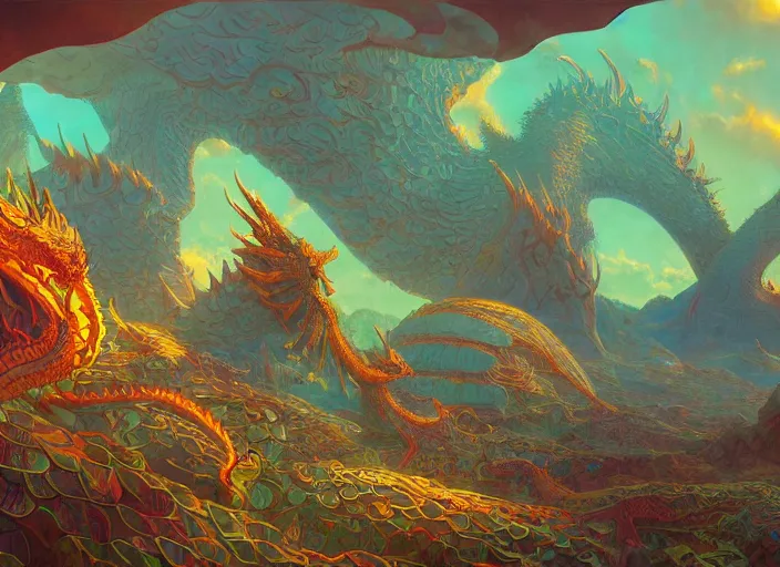 Image similar to psychedelic concept art of a dragon landscape made of thousands of dragons, cel shaded, in the style of makoto shinkai and moebius and peter mohrbacher and anton fadeev