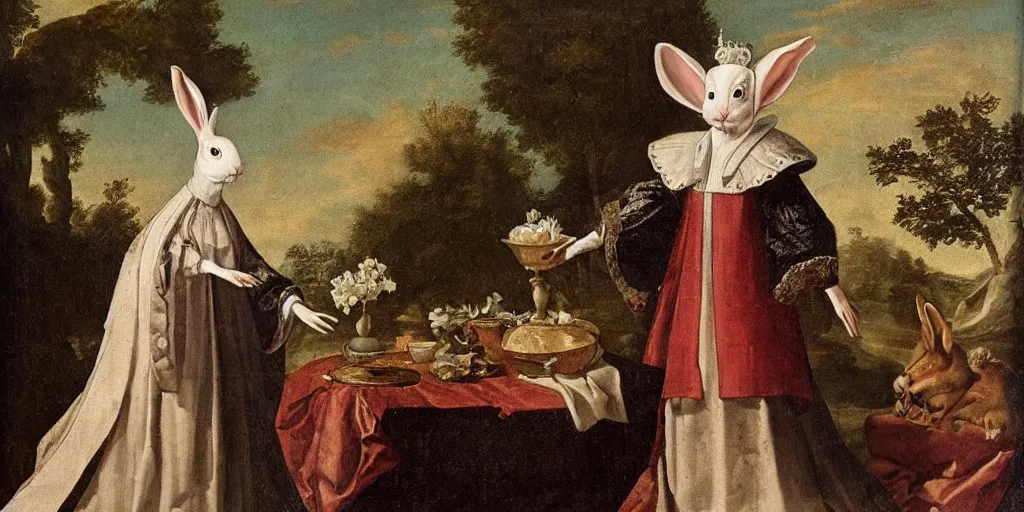 Image similar to a rabbit dressed as a queen, wearing a white robe, 17th century oil painting