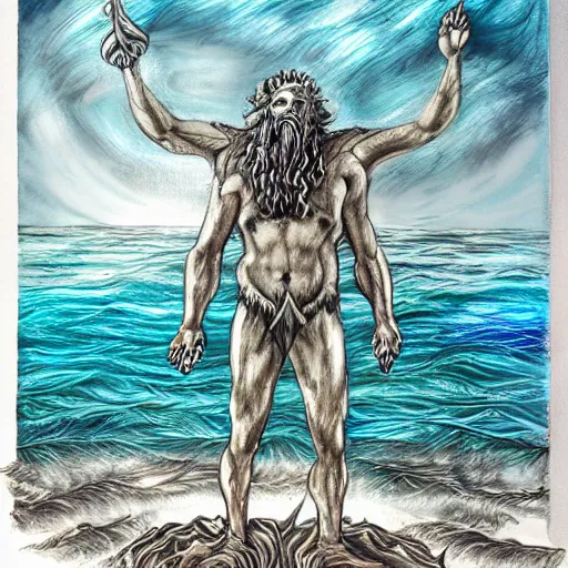 Prompt: Proud and screaming Poseidon rising from the ocean, ready to fight, fantasy art, hand-drawing