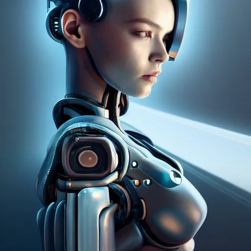 Image similar to Perfectly-Centered-Portrait-Photograph of Mechanical Cyberpunk Female Android, Upper-torso, intricate, elegant, super highly detailed, professional digital painting, artstation, concept art, smooth, sharp focus, no blur, no dof, extreme illustration, Unreal Engine 5, Photorealism, HD quality, 8k resolution, cinema 4d, 3D, beautiful, cinematic, art by artgerm and greg rutkowski and alphonse mucha and loish and WLOP