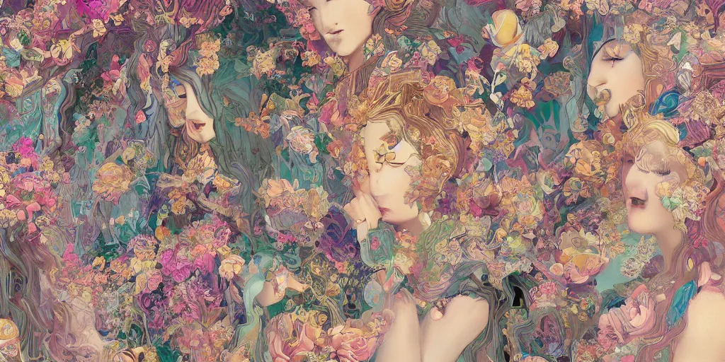 Prompt: breathtaking detailed concept art painting kaleidoscope art deco pattern of blonde faces goddesses amalgamation flowers, by hsiao - ron cheng, bizarre compositions, exquisite detail, extremely moody lighting, 8 k