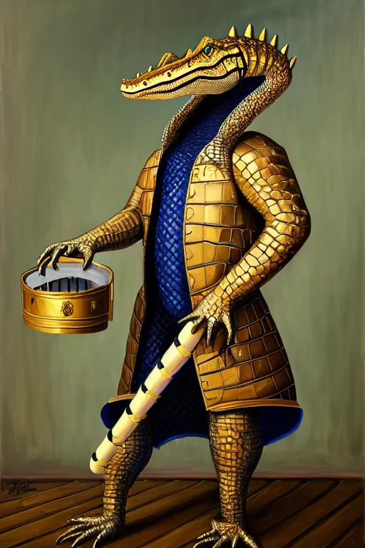 Image similar to royal portrait of an anthropomorphic male alligator fursona in fencing gear, furry art, oil on canvas, dramatic