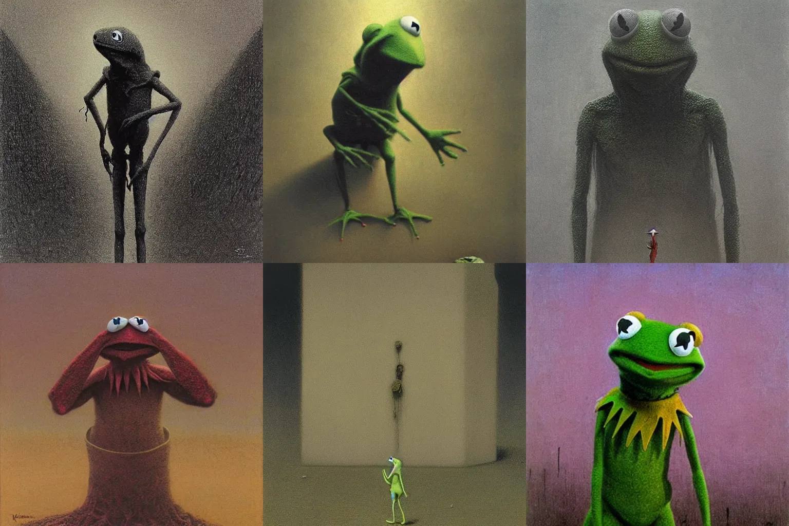 Prompt: Kermit the frog standing there menacingly by beksinski