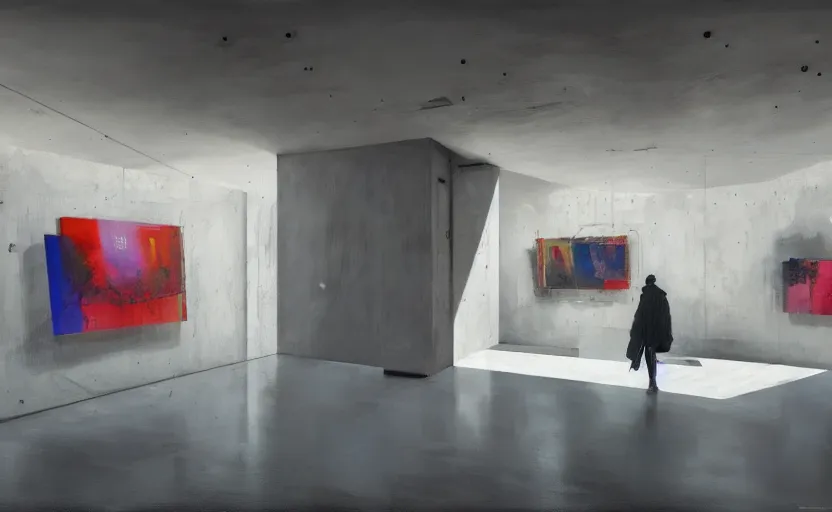 Image similar to painting of interior shot of a white concerete brutalist contemporary art museum with abstract colourful paintings hanging on the wall by darek zabrocki and greg ruthkowski, cinematic and cold atmospheric, archillect concept art, artstation, trending on artstation