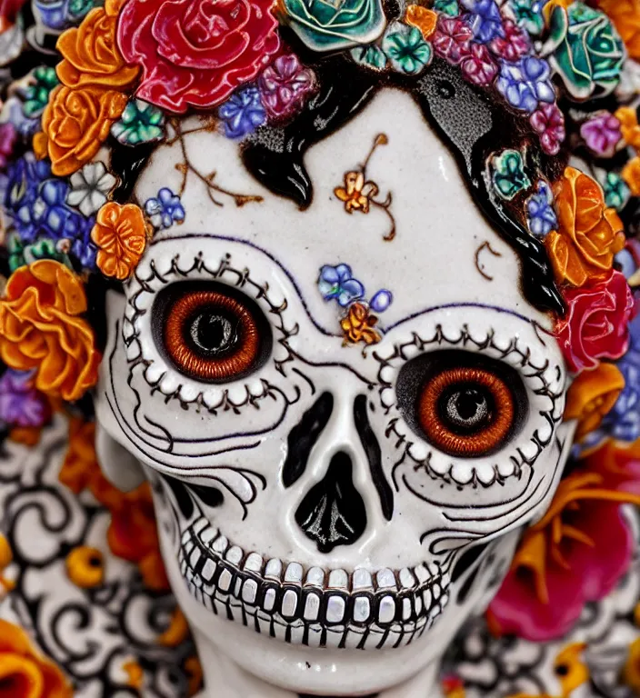 Image similar to La Catrina, A Close up photo-real delicate ceramic porcelain sculpture of a symmetrical ornate detailed in front of an intricate background by Victo Ngai and takato yamamoto, micro detail, backlit lighting, face in focus, subsurface scattering, translucent, thin porcelain, octane renderer, colorful, physically based rendering, japanese pottery, trending on cgsociety