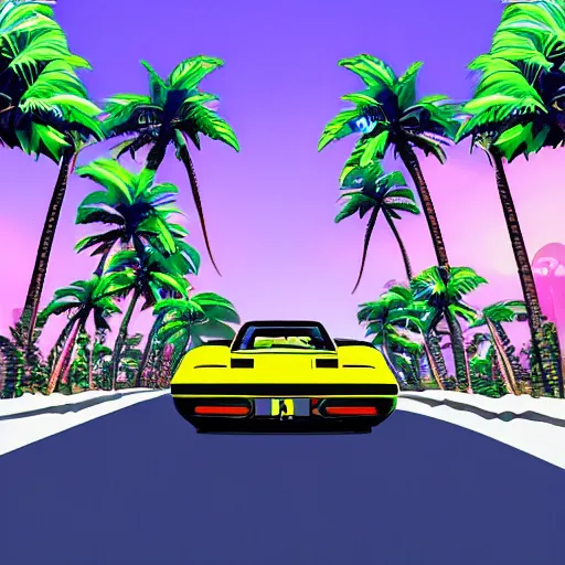 Image similar to digital art profile picture of a duck driving a ferrari testarossa under palm trees, vaporwave, trending on artstation, 4 k, highly detailed, simply great