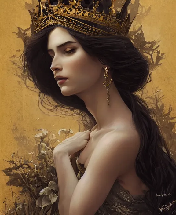 Prompt: masterpiece concept art of a beautiful brunette woman with pale skin and a crown on her head seated on an intricate shadow throne, a beautiful highly detailed fae lady, extremly emotional, cinematic moody colors, realistic shaded lighting poster by ilya kuvshinov, magali villeneuve, artgerm, jeremy lipkin and michael garmash and rob rey