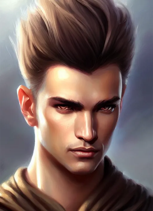 Prompt: a _ fantasy _ style _ portrait _ painting _ of male, medium dark blonde hair side part and blonde stubble, rpg dnd oil _ painting _ unreal _ 5 _ daz. _ rpg _ portrait _ extremely _ detailed _ artgerm _ greg _ rutkowski _ greg