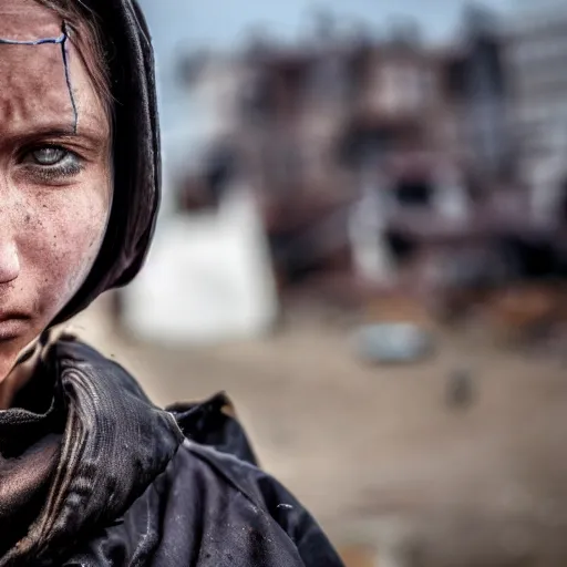 Image similar to photographic portrait of a poor techwear woman holding back tears, a futuristic shanty town burns in the background, closeup, sigma 85mm f/1.4, 4k, depth of field, high resolution, 4k, 8k, hd, full color