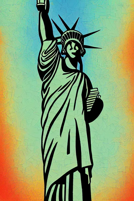 Prompt: cubist statue of liberty cutout digital illustration cartoon colorful beeple