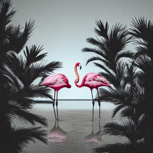 Image similar to A surreal comic noir illustration containing Natalie Portman and Flamingos on a desert beach oasis by Salvador Dali, dark vibes, high contrast, pastel lighting, cinematic, depth of field, 8k