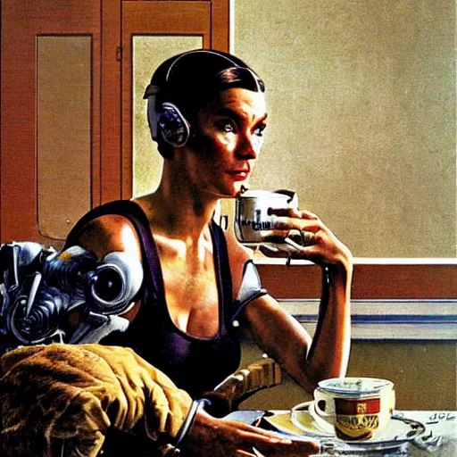 Prompt: Transhuman, cyborg, drinking coffee in a wood paneled living room, 1970s living room, art by Norman Rockwell