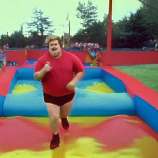 Prompt: a screen still of chris farley running the double dare obstacle course from double dare