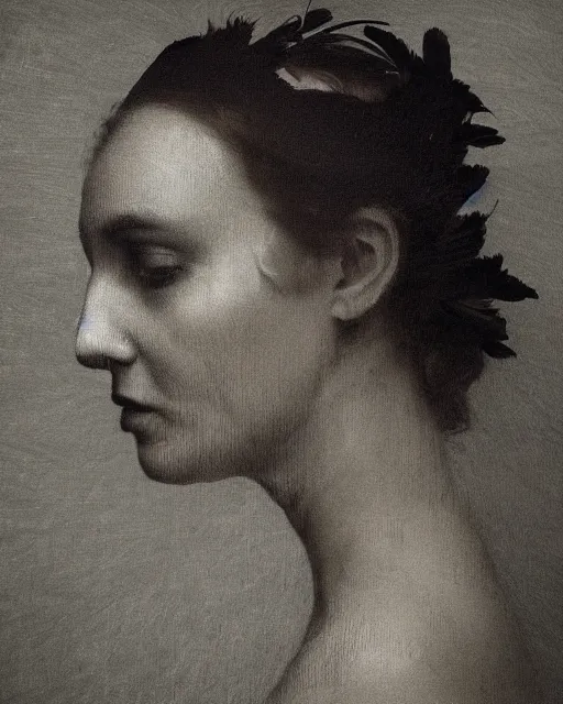 Prompt: a woman's face in profile, made of owl feathers, in the style of the dutch masters and gregory crewdson, dark and moody